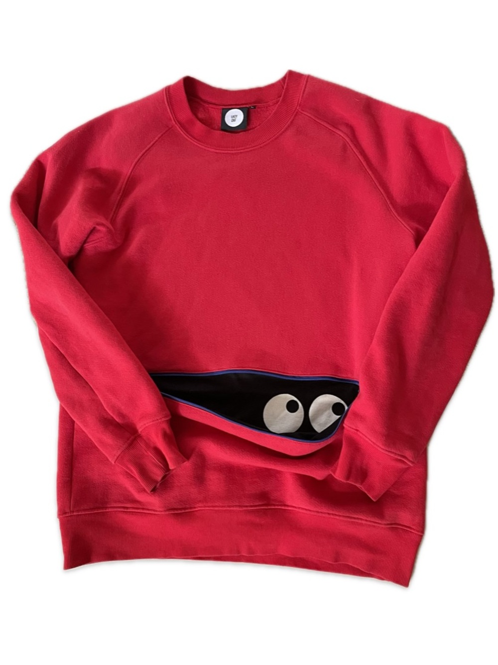Lazy Oaf Bright Red Sweatshirt blue zipper pouch 👀 Urban Outfitters unisex sz L